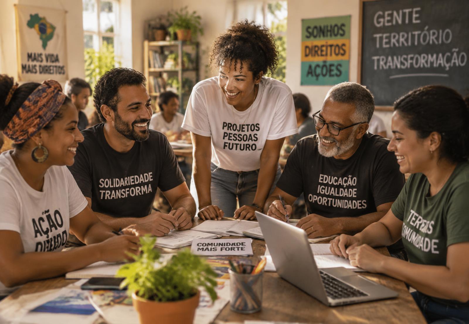 Equipe de um projeto social reunida em um centro comunitário planejando ações